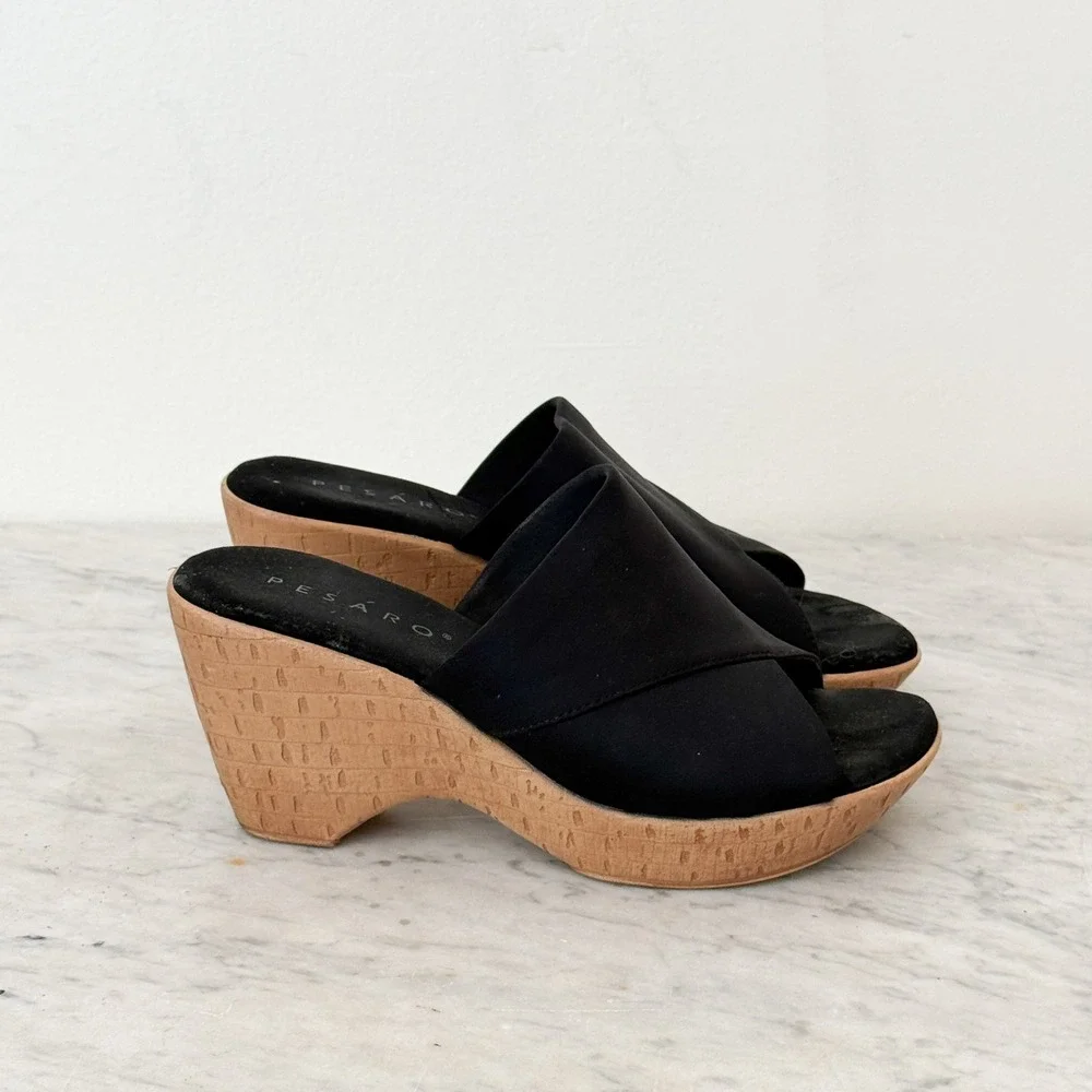 Summer Boho Pesaro Wedge Mule Sandals 9 Black Crossover Strap Faux Cork Platform